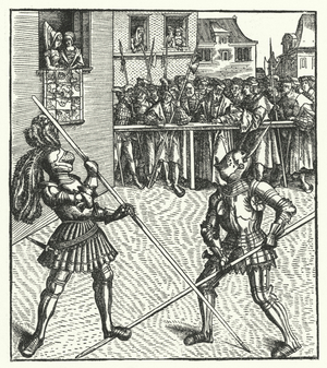 Archduke Maximilian of Austria fighting on foot using a lance (engraving)