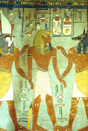 Ancient Egypt, Rameses I with Horus and Anubis, Tomb of Rameses I, Thebes, 19th Dyn (photo)
