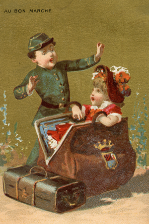 A Surprise in the Luggage, from a series of illustrations of children, produced as promotional cards for the Bon Marché Department Store in Paris, c.1890 (colour litho)