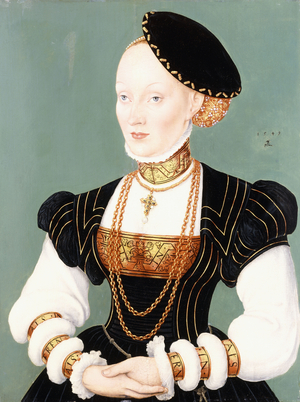 Portrait of Anne of Denmark (b.1532), bust length, wearing a Black Dress with White Sleeves and a Gold Necklace, 1549 (oil on panel)