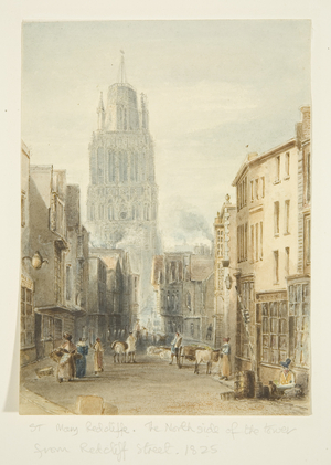 North view of St Mary Redcliffe Church from Redcliffe Street, 1825 (pencil & watercolour on paper)