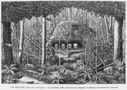 New Caledonia, Isle of Pines, a shelter in the rocks, after a pen and ink drawing by a deportee, illustration from the bulletin 'Les Missions Catholiques', 1893 (engraving)