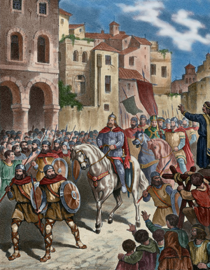 Berenguer Ramon II taking the city of Tarragona, Catalonia (engraving)