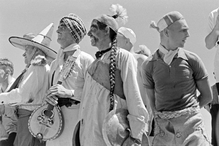 The crew of the factory vessel "Jan Wellem" preparing the crossing-the-line-ceremony, 1930s (b/w photo)