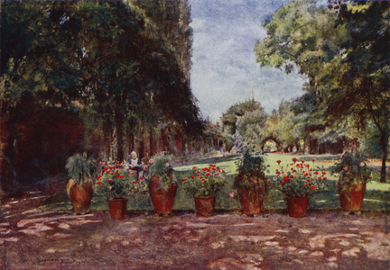 Kelmscott House, View of House and Garden, looking riverwards (colour litho)