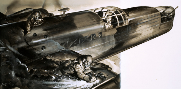 Sergeant James Allen Ward walking the wing of a Wellington bomber (gouache on paper)
