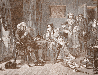 Dr Johnson rescuing Goldsmith from his landlady (colour litho)