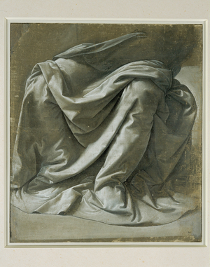 Draperie pour une figure assise, pinceau et tempera grise, rehauts de blanc sur toile de lin prepare grise …