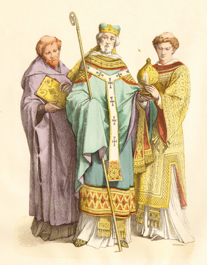 Medieval church people, 11th century (copper plate print)