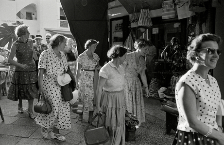 German tourists in the streets of Capri, 1957 (b/w photo)