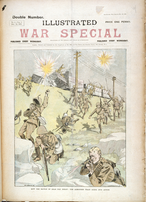 'How the Battle of Gras-Pan began: The armoured train going into action', from Illustrated War Special, 13th December 1899 (colour litho)