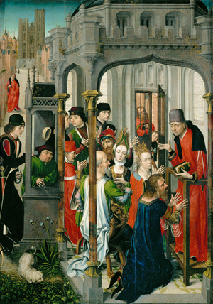 The preaching of Saint Gery, the pastoral sermon, with the church of Saint Gudule in the background …