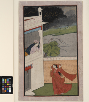 A lady comes to her lover's house in a rainstorm, c.1830  (opaque w/c and gold on paper)