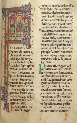 Historiated initial with Elkanah and his wives