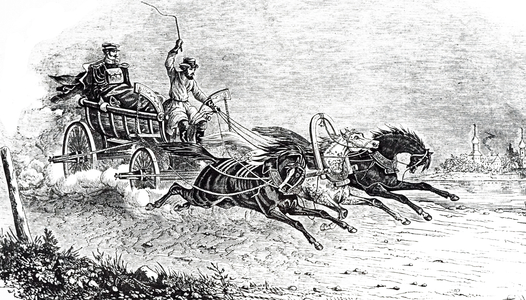 An engraving depicting a Russian Imperial courier driven in a troika, 19th century