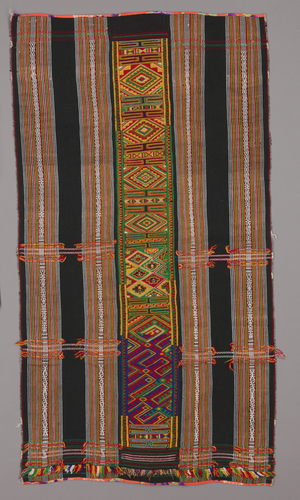 Woman's skirt with bomber motif (unseamed), Mid-20th century (cotton and acrylic yarns. two outer panels: warp-faced plain weave with warp stripes and warp-patterned stripes; center panel: warp-faced plain weave with embroidery.)