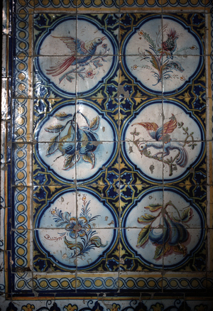 Antique Azulejos, painted and glazed fruit and vegetable painted tiles, in fruit and vegetable market, Lisbon, Portugal (photo)