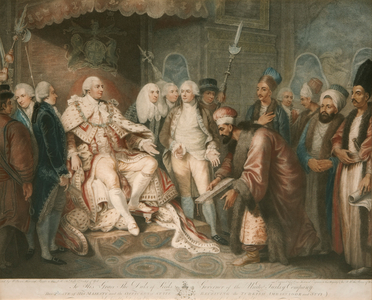 King George III receiving the Turkish Ambassador, 1797 (hand-coloured engraving & mezzotint)