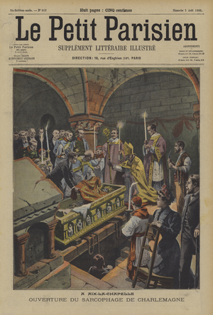 Opening of the sarcophagus of the Emperor Charlemagne in Aachen (colour litho)
