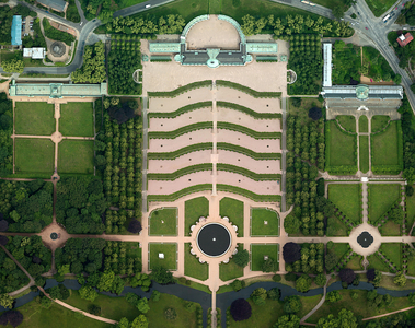 Vertical aerial view overlooking the Sanssouci Palace in Potsdam, Germany (photo)