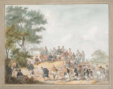 View of the banks of the Pei ho River.
A group of men tied up with a rope pull barges up the Hai River while walking along its bank, where groups of women and children sit watching under the trees. Signed with initials at bottom right and annotated in pencil on verso: 'Chinese Figures tracking the Junks of the Embassy & people assembled to see it pass. Banks of the river Pay-ho Oct.r 1793'. Pasted on mount with washlines. 
Described as 'View of Men tracking the barges against the stream of the Pei ho, and a group of women on a height assembled to see the Embassador pass'.