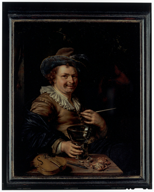 A man holding a clap pipe and a roemer seated at a table on which rests a violin and crabs, 1699 (oil on panel)