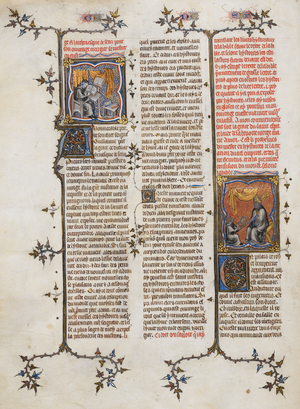 Left-hand miniature: Peter Comestor at work. Right-hand miniature: Peter Comestor giving his book to the Archbishop of Sens