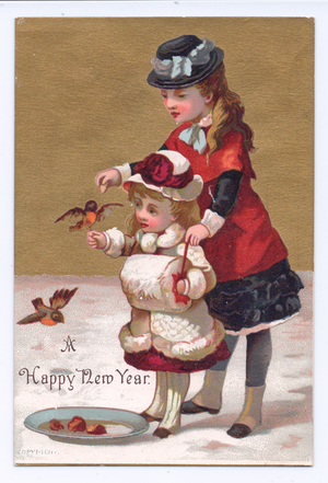 A Victorian New year card of a girl and a child with a robin perched on her hand, c.1880 (colour litho)