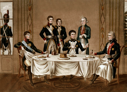 Dinner in Tilsit (Prussia) between emperor Napoleon 1st (c), king of Prussia Frederic-Guillaume III (r) and emperor Alexandre 1st of Russia on june 3, 1807, engraving, 19th century