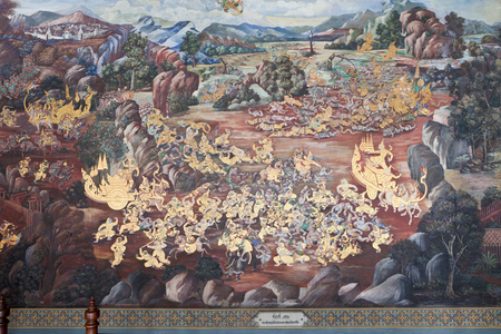 Murals depicting scenes from the Ramakian at at Wat Phra Kaeo, the Royal Grand Palace, Bangkok,Thailand
