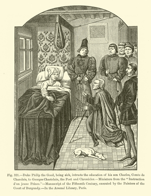 Duke Philip the Good, being Sick, Intrusts the Education of his Son Charles, Comte de Charolois, to Georges Chastelain, the Poet and Chronicler (engraving)