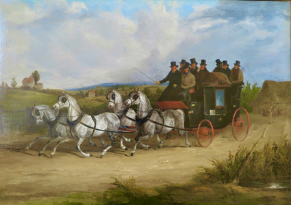 The London to Brighton Stage Coach drawn by a team of grey horses (oil on canvas)