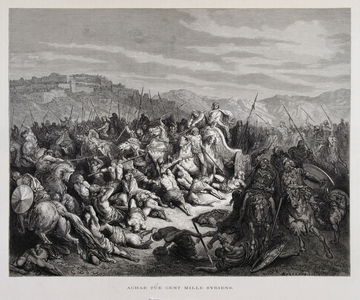 Ahab fights the Assyrians at the Battle of Qarqar , Illustration from the Dore Bible, 1866 (engraving)