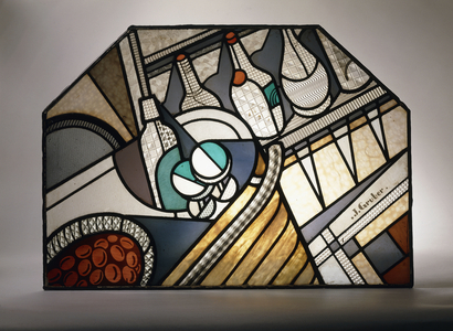 An Art Deco stained glass panel depicting a cocktail bar (leaded stained glass)