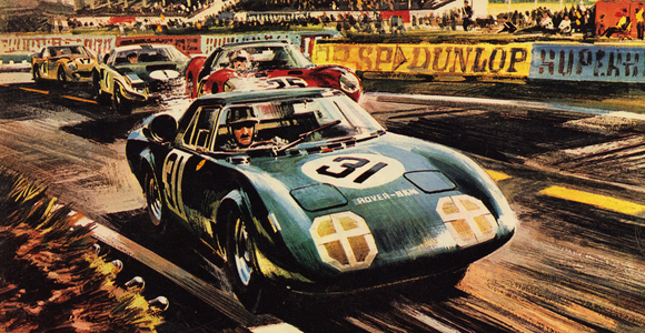 The revolutionary Rover-BRM at the famous Le Mans racing track in 1963 (colour litho)