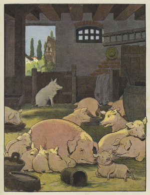 Pigs in a pigsty (colour litho)