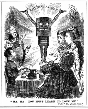 Cartoon from Punch London 1873, telling the British public that they must learn to love canned meat from Australia.
