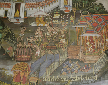 Detail of the town of Phitsanulok, Wat Bowonniwet Vihara, Bangkok (fresco)