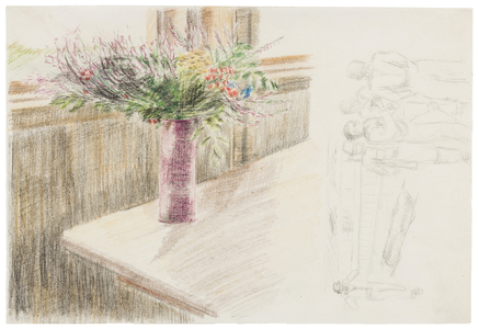 'Still-life, the POW Aufnahmelager, Westertimke, Lower Saxony', and 'Dark and other Officers and Commandos being photographed at the Quay at St Nazaire when landing from the German Destroyer Jaguar', May-August 1942 (pencil & crayon on paper)