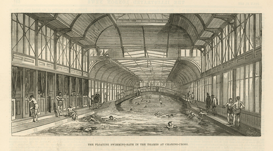 The floating swimming bath in the Thames at Charing Cross (engraving)