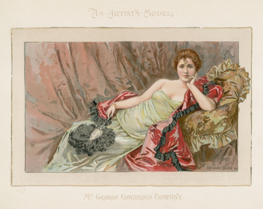 Reclining woman wearing an off-the-shoulder dress (colour litho)