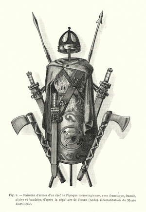 Faisceau d'armes d'un chef de l'epoque merovingienne, avec francisque, framee, glaive et baudrier, d'apres la sepulture de Pouan, Aube, Reconstitution du Musee d'artillerie (engraving)