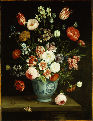 Flowers in a blue and white porcelain vase, with moths and other insects on a ledge (oil on copper)