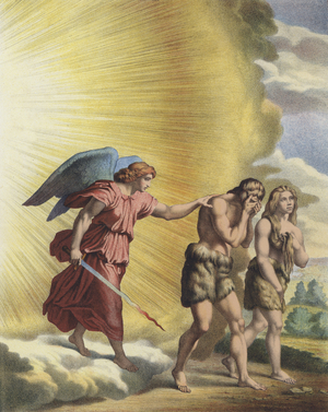 Adam and Eve expelled from Paradise (colour litho)