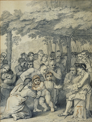 The Indians Delivering up the English Captives to Colonel Bouquet near his camp at the folks of Muskingum, North America in November 1764, c.1769 (ink and wash on paper)