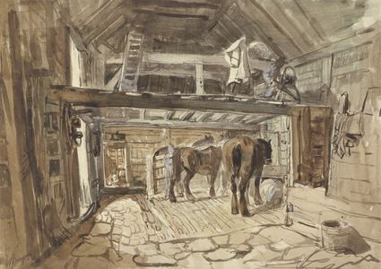 Interior of a Stable, with Two Horses Feeding (graphite, pen & ink with wash on paper)