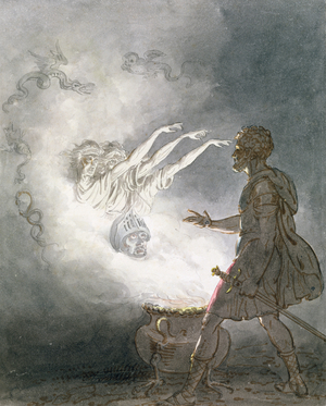 Macbeth and the Apparition of the Armed Head, Act IV, Scene I, from 'Macbeth', by William Shakespeare (1564-1616) c.1820 (w/c, wash, pen & ink on paper)