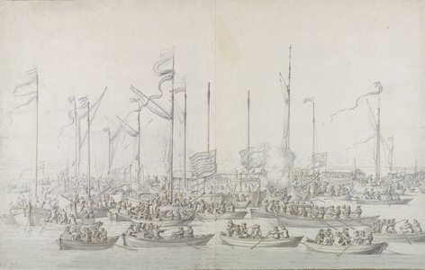 Celebration on the Thames near Whitehall, after the Coronation of James II (1633-1701) (pen & brown ink, graphite and grey wash)