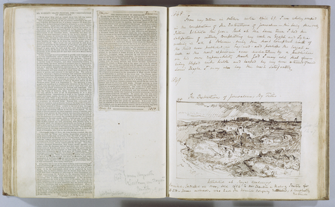 Fol. 125v-126r from, 'Record Books, 1817-64', showing sketch for painting 'Destruction of Jerusalem' (manuscript in pen & ink with newspaper clippings)