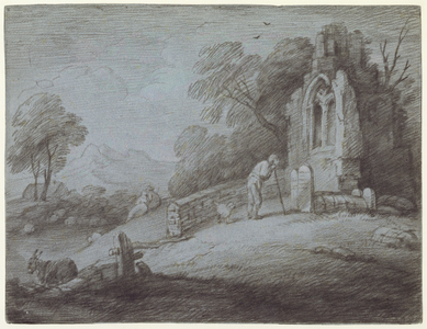 Churchyard with Figure Contemplating Tombstone (etching on paper)